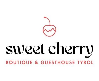 Sweet Cherry Logo, Schwarze und rote Schrift auf weißem Grund mit rot umrandeter Kirsche